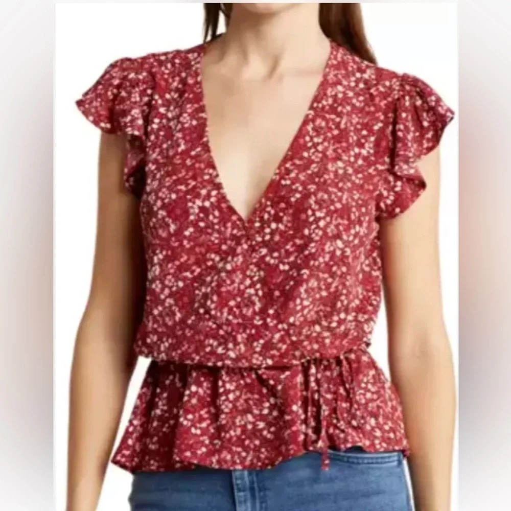 NWT MELROSE & MARKET Faux Wrap Ruffle Sleeve Red Syrah Berry Floral Top,…